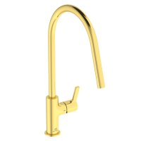 Ideal Standard Gusto single lever round C spout kitchen mixer with Bluestart technology, brushed gold