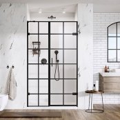 Roman Liberty 8mm Black Grid Hinged Door with In-Line Panel Right Hand 760mm (Alcove Fitting)