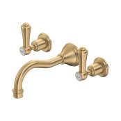 Perrin & Rowe Georgian Three-Hole Wall-Mounted Basin Mixer with Country Spout and Lever Handles - Satin Brass