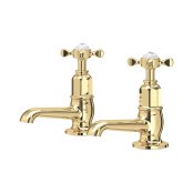 Perrin & Rowe Traditional Pair of Basin Pillar Taps (Crosstop Handles) - Polished Brass