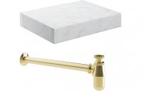 Purity Collection Naturel 600mm Wall Hung White Marble Basin Shelf & Brushed Brass Bottle Trap