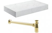 Purity Collection Naturel 800mm Wall Hung White Marble Basin Shelf & Brushed Brass Bottle Trap