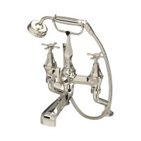 Perrin & Rowe Deco Deck-Mounted Bath-Shower Mixer with Handshower and Crosstop Handles - Nickel