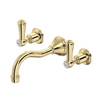 Perrin & Rowe Georgian Three-Hole Wall-Mounted Basin Mixer with Country Spout and Lever Handles - Polished Brass