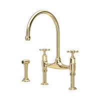 Perrin & Rowe Ionian Bridge Sink Mixer with Rinse (Crosstop) - Polished Brass