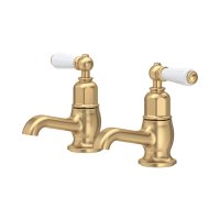Perrin & Rowe Traditional Pair of Basin Pillar Taps (Lever Handles) - Satin Brass