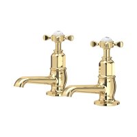 Perrin & Rowe Traditional Pair of Basin Pillar Taps (Crosstop Handles) - Polished Brass
