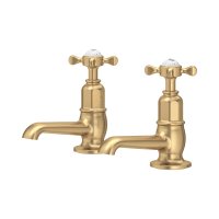 Perrin & Rowe Traditional Pair of Basin Pillar Taps (Crosstop Handles) - Satin Brass