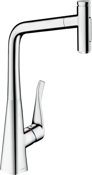 Hansgrohe Metris Select M71 Single Lever Kitchen Mixer 320 with Pull-Out Spray & Sbox, 2 Spray Modes - Chrome