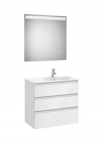 Roca The Gap Gloss White 800mm 3 Drawer Vanity Unit with Right Handed Basin and Eidos LED Mirror