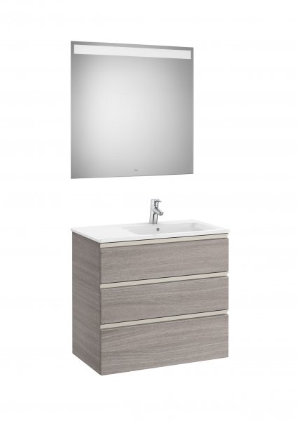 Roca The Gap City Oak 800mm 3 Drawer Vanity Unit with Right Handed Basin and Eidos LED Mirror