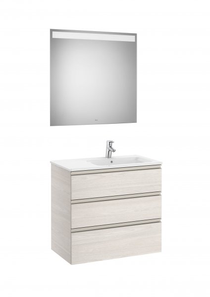 Roca The Gap Nordic Ash 800mm 3 Drawer Vanity Unit with Right Handed Basin and Eidos LED Mirror