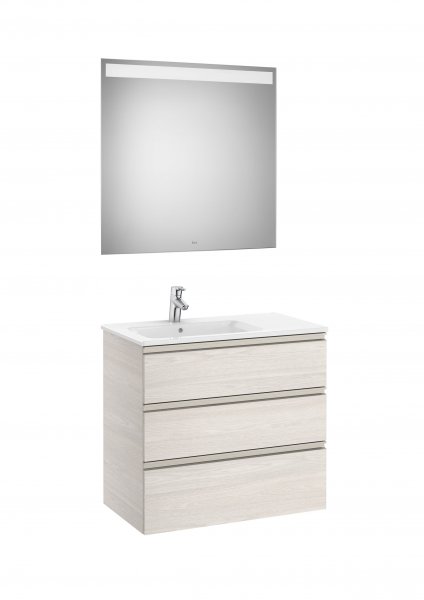 Roca The Gap Nordic Ash 800mm 3 Drawer Vanity Unit with Left Handed Basin and Eidos LED Mirror