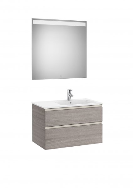 Roca The Gap City Oak 800mm 2 Drawer Vanity Unit with Right Handed Basin and Eidos LED Mirror