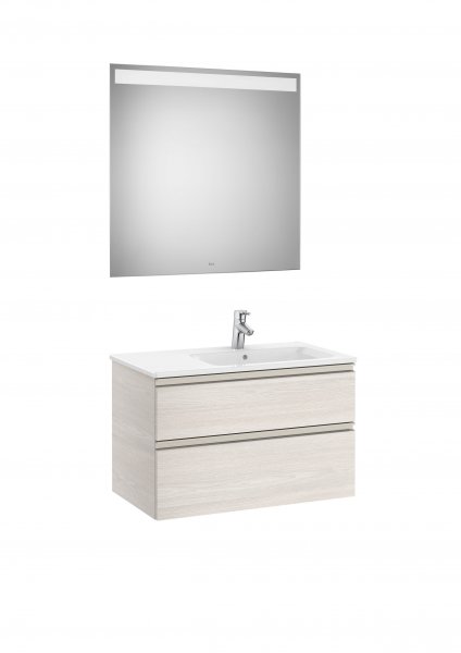 Roca The Gap Nordic Ash 800mm 2 Drawer Vanity Unit with Right Handed Basin and Eidos LED Mirror