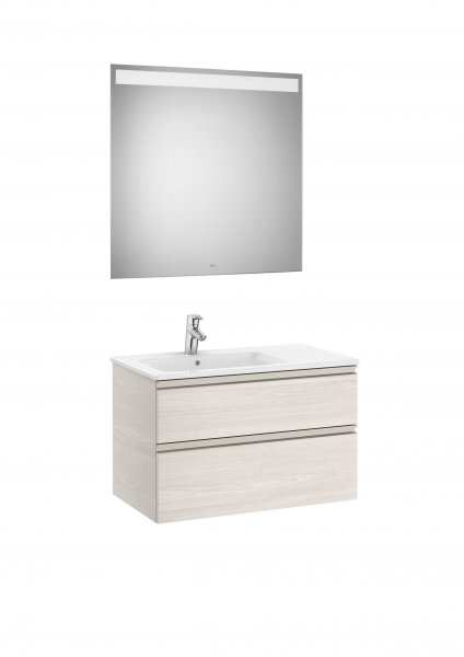 Roca The Gap Nordic Ash 800mm 2 Drawer Vanity Unit with Left Handed Basin and Eidos LED Mirror