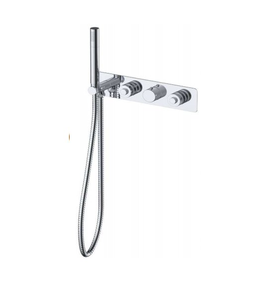 RAK Prima Tech Showering Thermostatic Dual Outlet Concealed Shower Valve, Hand Shower And Horizontal Back Plate