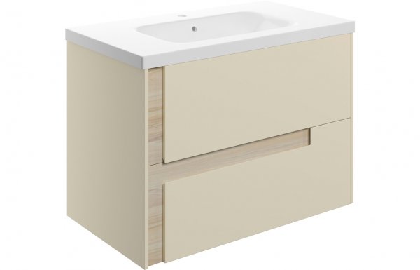 Purity Collection Diverge 815mm Wall Hung 2 Drawer Basin Unit & White Basin - Matt Cotton & Oak Effect