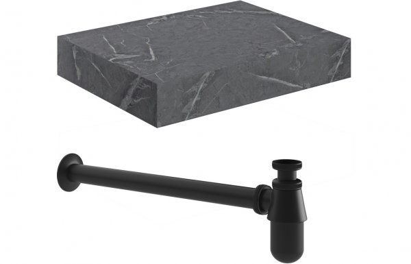 Purity Collection Naturel 600mm Wall Hung Grey Marble Basin Shelf & Black Bottle Trap