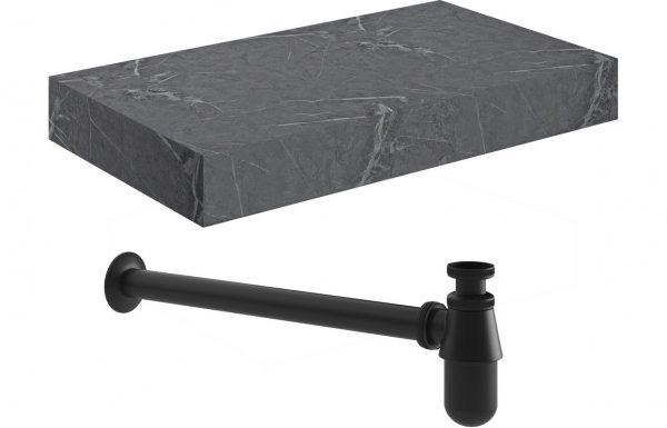 Purity Collection Naturel 800mm Wall Hung Grey Marble Basin Shelf & Black Bottle Trap