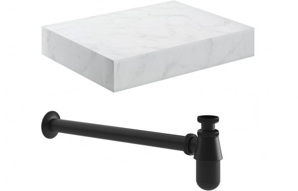 Purity Collection Naturel 600mm Wall Hung White Marble Basin Shelf & Black Bottle Trap