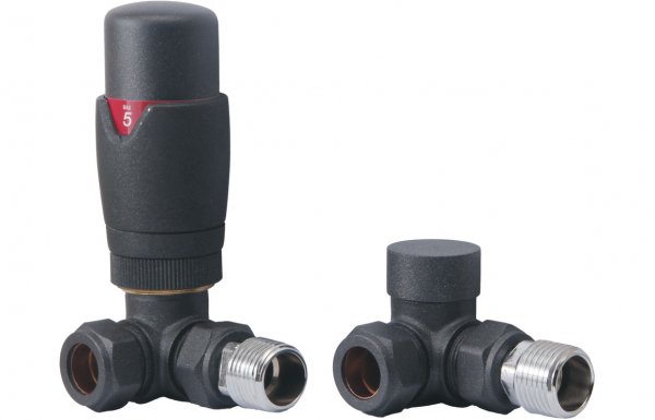 Purity Collection Round Thermostatic Anthracite Radiator Valves - Corner