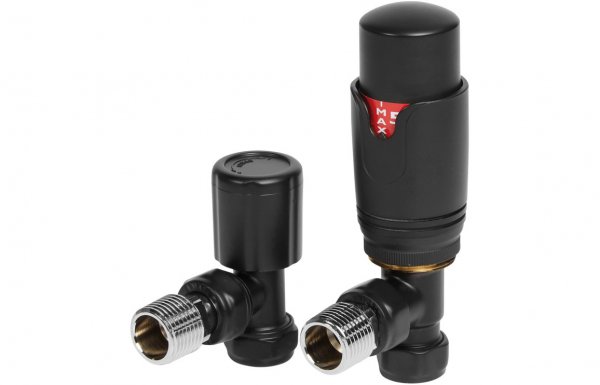 Purity Collection Round Thermostatic Matt Black Radiator Valves - Angled