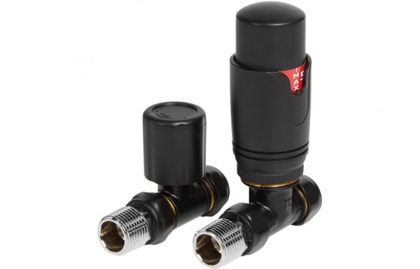 Purity Collection Round Thermostatic Matt Black Radiator Valves - Straight