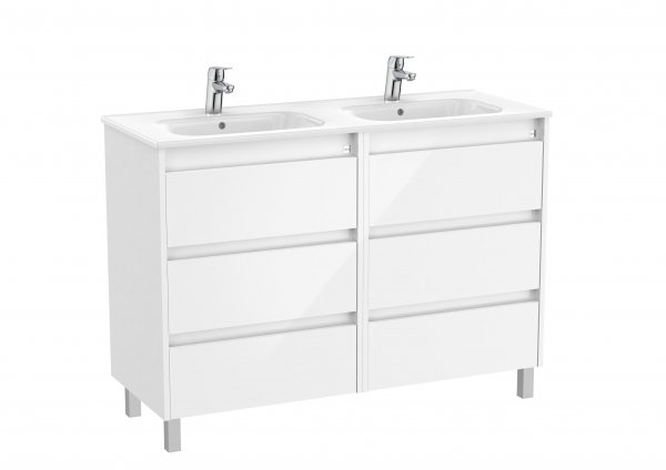 Roca Tenet Glossy White 1200 x 460mm Double Basin 6 Drawer Vanity Unit with Legs