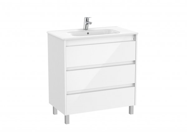 Roca Tenet Glossy White 800 x 460mm 3 Drawer Vanity Unit and Basin with Legs
