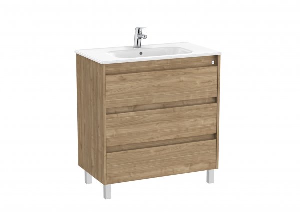 Roca Tenet Walnut 800 x 460mm 3 Drawer Vanity Unit and Basin with Legs