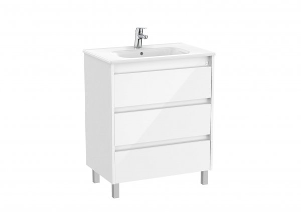 Roca Tenet Glossy White 700 x 460mm 3 Drawer Vanity Unit and Basin with Legs