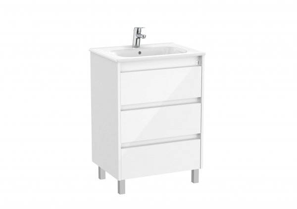 Roca Tenet Glossy White 600 x 460mm 3 Drawer Vanity Unit and Basin with Legs