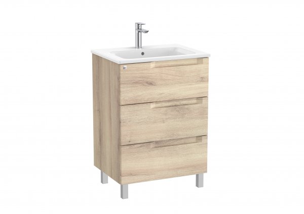 Roca Aleyda Beige Wood 600mm 3 Drawer Vanity Unit & Basin with Legs