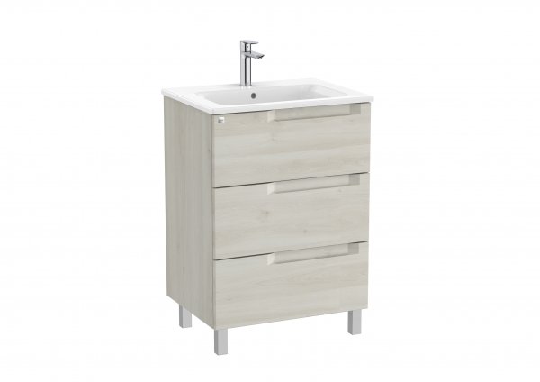 Roca Aleyda White Wood 600mm 3 Drawer Vanity Unit & Basin with Legs