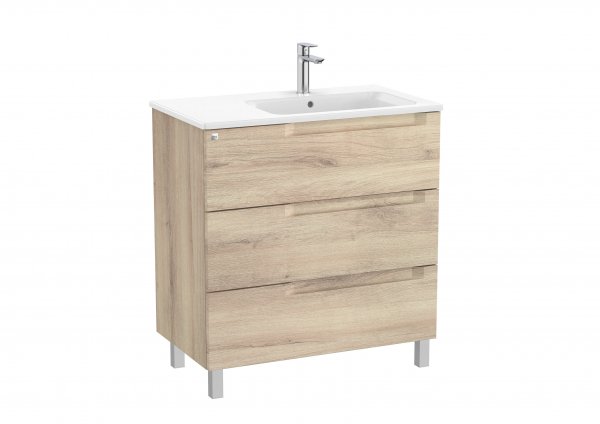 Roca Aleyda Beige Wood 800mm 3 Drawer Vanity Unit & Right Hand Basin with Legs