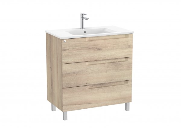 Roca Aleyda Beige Wood 800mm 3 Drawer Vanity Unit & Basin with Legs