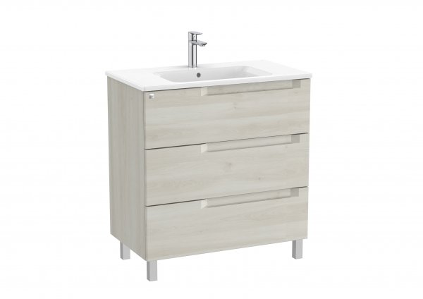 Roca Aleyda White Wood 800mm 3 Drawer Vanity Unit & Basin with Legs