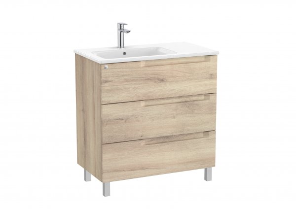 Roca Aleyda Beige Wood 800mm 3 Drawer Vanity Unit & Left Hand Basin with Legs