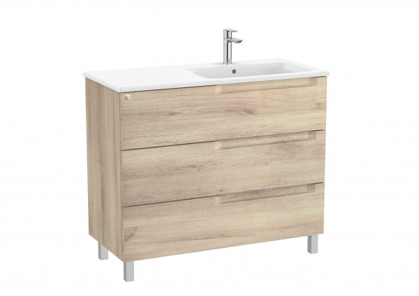 Roca Aleyda Beige Wood 1000mm 3 Drawer Vanity Unit & Right Hand Basin with Legs