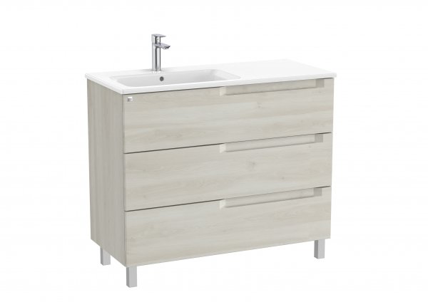 Roca Aleyda White Wood 1000mm 3 Drawer Vanity Unit & Left Hand Basin with Legs