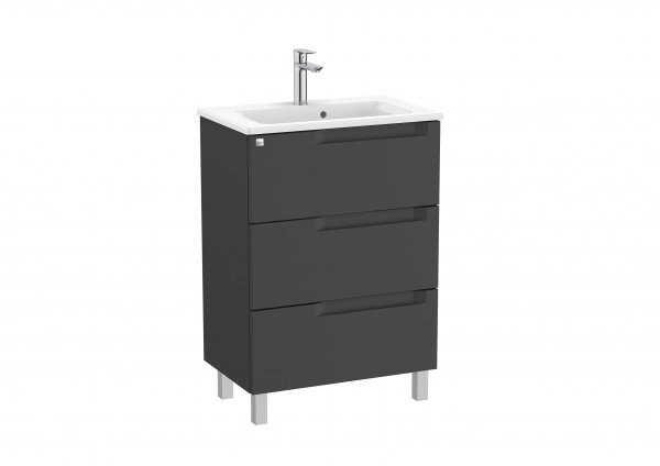 Roca Aleyda Compact Matt Black 600mm 3 Drawer Vanity Unit & Basin with Legs