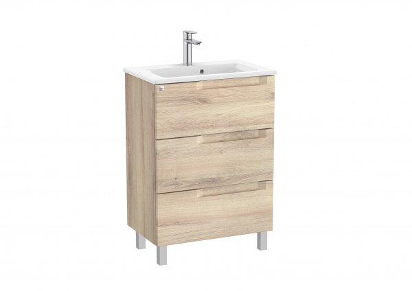 Roca Aleyda Compact Beige Wood 600mm 3 Drawer Vanity Unit & Basin with Legs