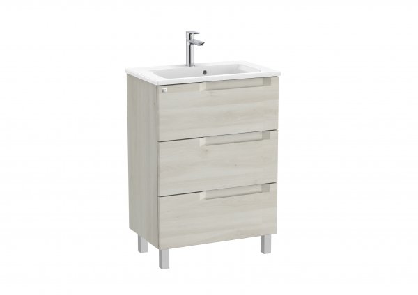 Roca Aleyda Compact White Wood 600mm 3 Drawer Vanity Unit & Basin with Legs