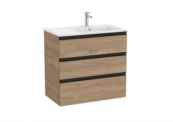 Roca The Gap Walnut 800mm 3 Drawer Vanity Unit with Right Hand Basin