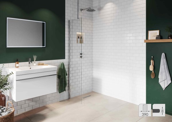 Abacus Elements 2000 x 390mm Fixed Wetroom Screen (8mm) with Ceiling Support & Polished Minimal Channel