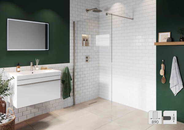 Abacus Elements 2000 x 890mm Fixed Wetroom Screen (8mm) with Wall Support & Brushed Nickel Minimal Channel