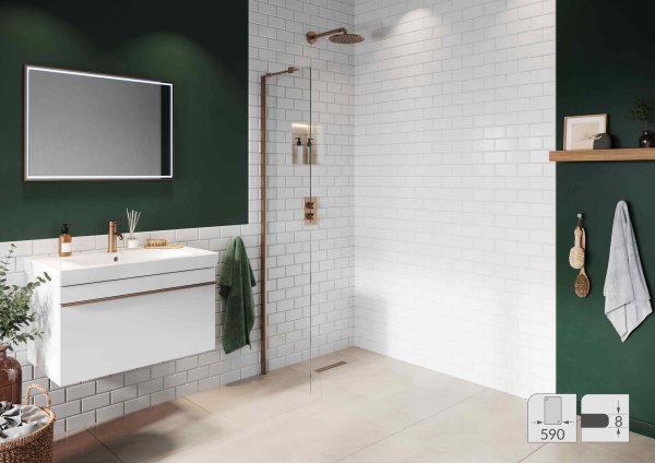 Abacus Elements 2000 x 590mm Fixed Wetroom Screen (8mm) with Inline Support & Brushed Bronze Minimal Channel