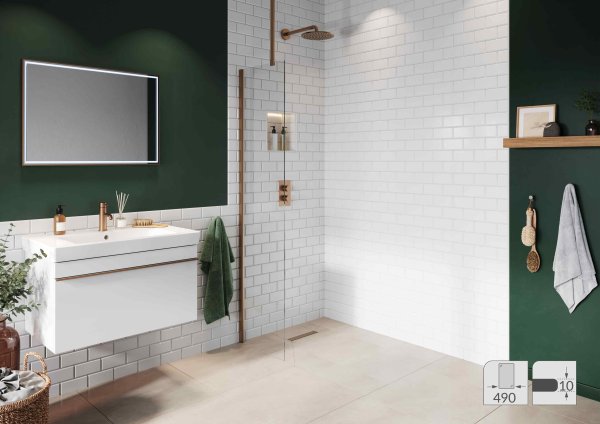 Abacus Elements 2000 x 490mm Fixed Wetroom Screen (10mm) with Ceiling Support & Brushed Bronze Minimal Channel
