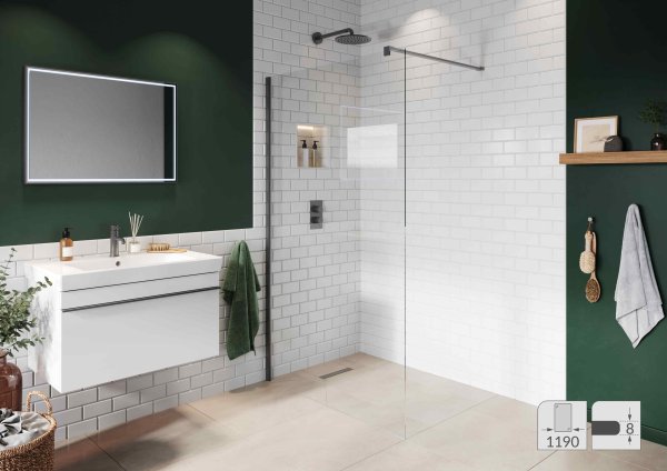 Abacus Elements 2000 x 1190mm Fixed Wetroom Screen (8mm) with Wall Support & Matt Grey Minimal Channel